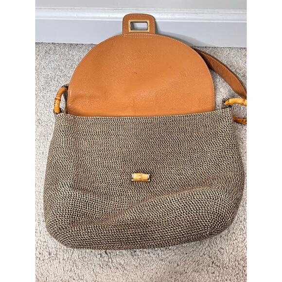 Eric Javits New York Woven Straw Shoulder Handbag with Bamboo Detail Tan - Picture 6 of 10